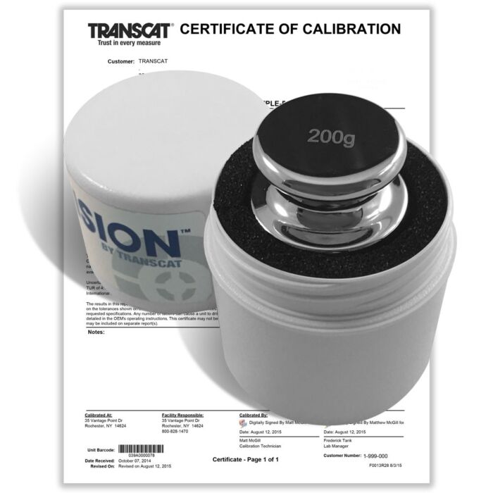 PROCISION 200g Weight, 304 SS, OIML F1 Accuracy +/- 1.0 mg, with Calibration Certificate