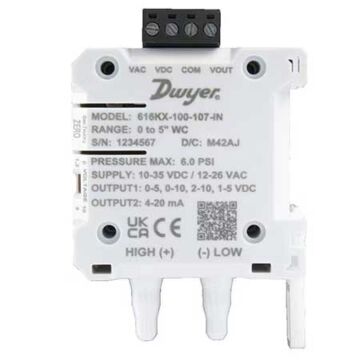 Dwyer Instruments 616KX-025-107-IN Differential pressure transmitter, 0.25% FSO, 0 to 5" w.c., Unidirectional