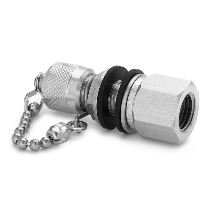 Ralston Instruments QTFT-HFSB-2F 1/4" NPTF x QT Male Bulkhead Union with Cap & Chain, Stainless Steel Adapter