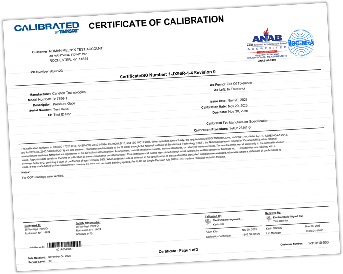Sample Transcat Calibration Certificate